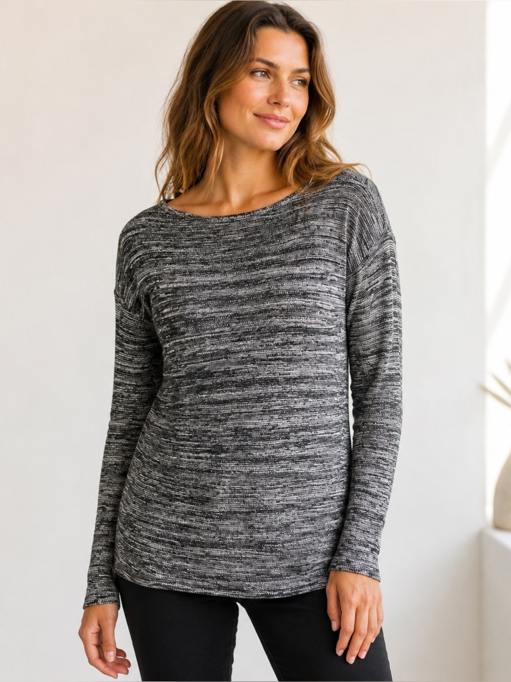 Ellen Tracy Women’s Small Black Ivory Marled Knit Long Sleeve Sweater Tunic Top
